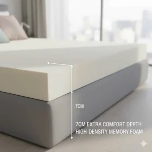 Side-profile view showing the 7cm depth of a luxury foam topper, illustrating the extra comfort layer added to a mattress.