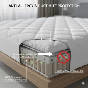 A detailed illustration showing how a waterproof mattress protector acts as an anti-allergy barrier against dust mites.