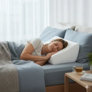 An illustration of a side sleeper showing the correct neck and spine alignment provided by a contoured anti snore pillow.