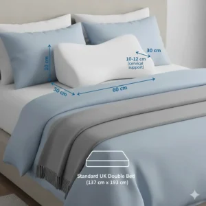 A product size guide showing the dimensions of a hypoallergenic anti snore pillow in centimetres, suitable for a standard UK double bed.