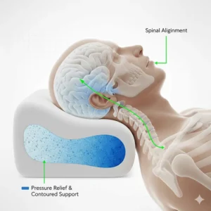 Diagram of a back sleeper using a contoured memory foam pillow to cradle the head and maintain natural posture.