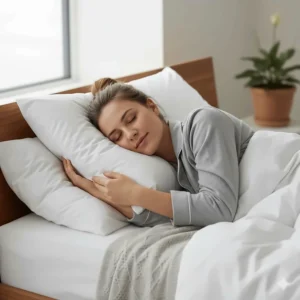 A person sleeping comfortably on their back using a supportive goose feather pillow for neck alignment.
