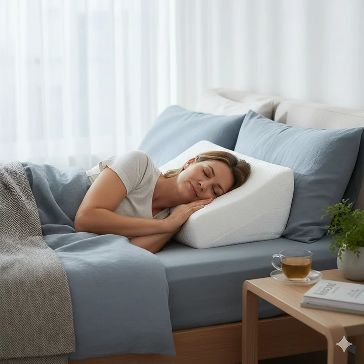A person sleeping peacefully on their side in a modern British bedroom using a white orthopaedic anti snore pillow to improve airflow. anti snore pillows
