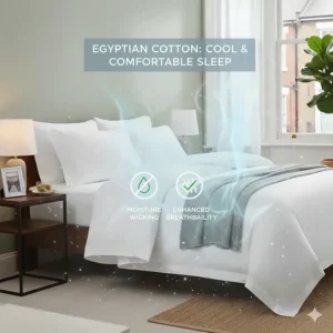Illustration showing the moisture-wicking and breathable properties of Egyptian cotton sheets, ideal for a comfortable night's sleep.