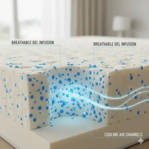 Close-up of the breathable open-cell structure of a gel-infused memory foam topper designed for temperature regulation.