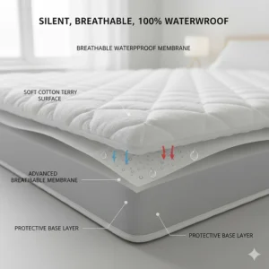 A cross-section diagram of a silent, breathable waterproof membrane layer that allows airflow while staying liquid-proof.