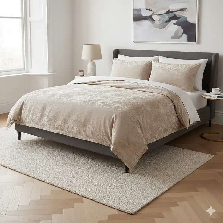 Luxurious champagne crushed velvet bedding set with matching pillowcases in a modern British bedroom. crushed velvet bedding sets