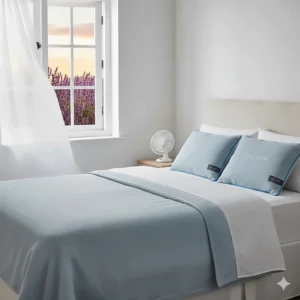 A complete summer sleep solution including a cooling pillow, a desktop fan, and a light-blue summer duvet in a British household.