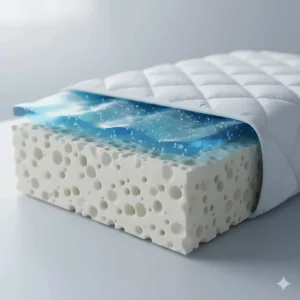 A peaceful sleeper using a premium cooling pillow during a UK summer heatwave, with soft natural light and a glass of water nearby.