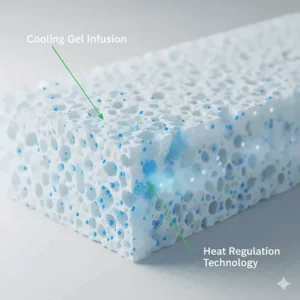 Close-up illustration of cooling gel particles within a memory foam pillow designed to prevent overheating at night.