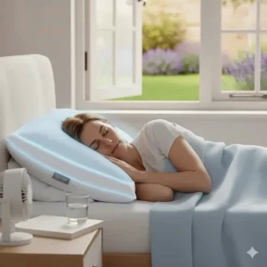 A side sleeper experiencing the comfort of a temperature-controlled pillow, styled with a classic British garden view in the background.