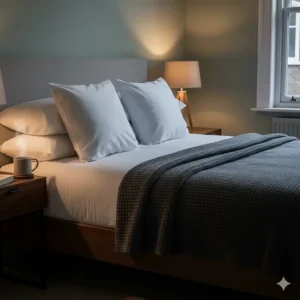 A cosy UK master bedroom featuring goose feather pillows styled with a wool throw and duvet.