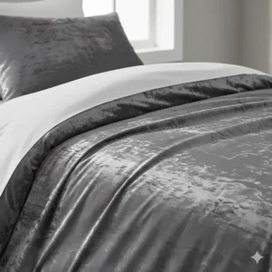 Close-up detail of soft, shimmering crushed velvet fabric on a silver duvet cover.