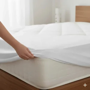 An Egyptian cotton fitted sheet with deep corners being fitted onto a thick British king-size mattress.