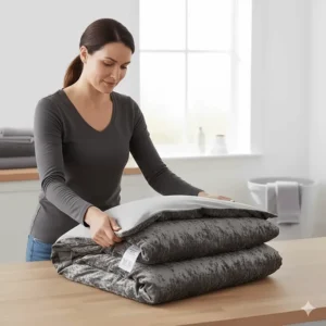 High-quality crushed velvet bedding being folded, highlighting its easy-care and durable finish.