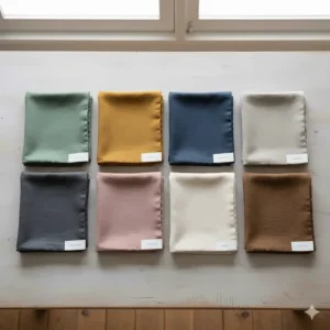 A flat lay of linen bedding fabric swatches in earthy British tones like sage green, ochre, and slate.