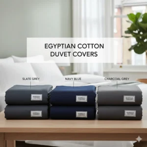 A selection of Egyptian cotton duvet covers in popular UK interior colours including slate grey, navy blue, and soft charcoal.
