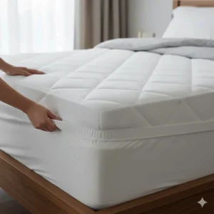 A person fitting an extra-deep waterproof mattress protector onto a thick mattress, showing the secure elasticated skirt.