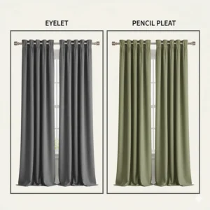 A side-by-side comparison of modern silver eyelet headers and traditional pencil pleat blackout curtains on a classic wooden pole.