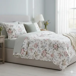 A classic British floral print super king bedding set styled in a bright, modern bedroom with soft natural lighting.