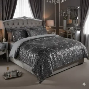 A glitzy crushed velvet bed set featuring sequin embellishments for a glamorous UK home interior.
