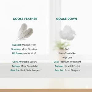 A comparison chart showing the difference between goose feather pillows and goose down clusters.
