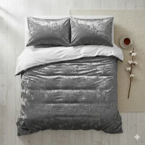 A complete grey crushed velvet bedding set including a duvet cover and two housewife pillowcases.
