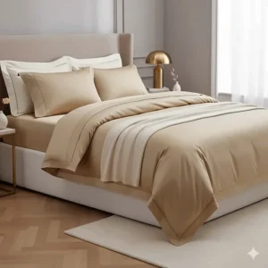 A high thread count cotton sateen super king duvet set in champagne gold, featuring a subtle silk-like sheen and elegant styling.