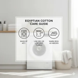Graphic showing care instructions for washing Egyptian cotton bedding at 40 degrees to maintain softness and longevity.