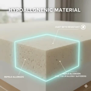 A macro shot of hypoallergenic fabric and foam, designed to resist dust mites and allergens common in UK homes.