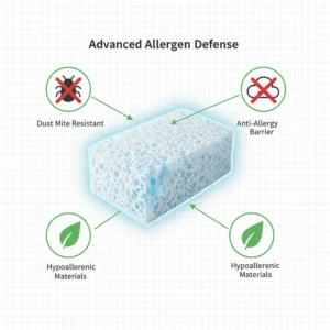 Graphic highlighting the hypoallergenic and anti-dust mite properties of a memory foam pillow for sensitive sleepers.