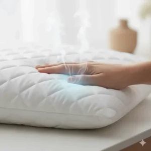 High-quality image of a cooling pillow being used in a clean, modern UK bedroom with soft morning light and lavender visible outside.