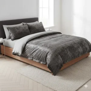 King size crushed velvet bedding set in charcoal grey on a contemporary upholstered bed frame.