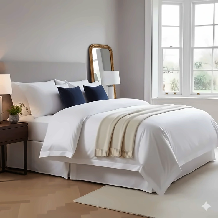 A bedroom featuring a crisp white cotton super king duvet cover on a large bed with matching pillowcases and a soft throw. super king duvet covers