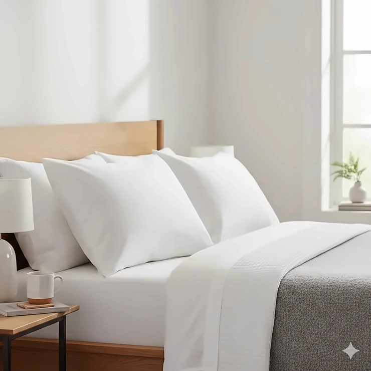 Two luxury white goose feather pillows stacked on a bed with crisp cotton linens in a British bedroom. goose feather pillows