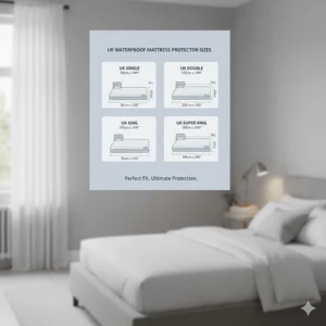 A clean infographic showing waterproof mattress protector dimensions for UK single, double, king, and super king bed sizes.