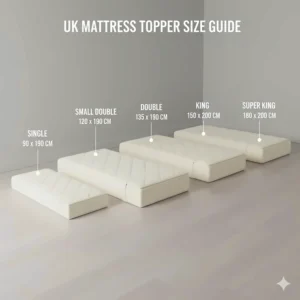 A size guide illustration comparing standard UK bed sizes including Single, Small Double, Double, King, and Super King.