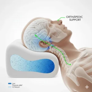 Illustration showing how a memory foam pillow provides orthopaedic support for the neck and spine during sleep.