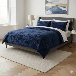 Elegant navy blue crushed velvet bedding set showing the reflective sheen of the fabric.