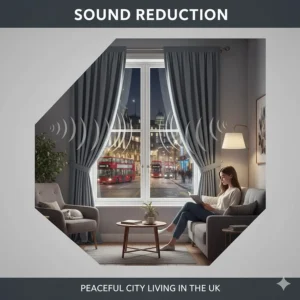An illustration of thick fabric curtains dampening street noise for a peaceful night's sleep in a busy British city centre flat.