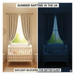 Patterned blackout curtains in a nursery setting, creating a dark, restful environment for a baby's midday nap during the long daylight hours of a UK summer.