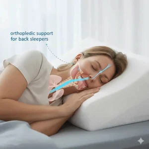 A cross-section illustration of an orthopaedic pillow providing neck support for back sleepers to help prevent snoring and improve breathing.