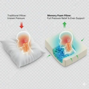 Visual representation of pressure point relief on a memory foam surface compared to traditional feather fillings.