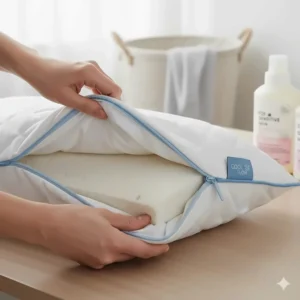 A photorealistic shot of a cooling pillow in use, highlighting the crisp, breathable texture of the cover against a summer backdrop.