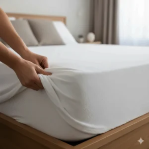 A close-up of a soft cotton terry waterproof mattress protector being handled to demonstrate its silent, crinkle-free texture.