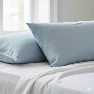 Pair of soft-washed light blue linen pillowcases showing the characteristic relaxed, crumpled look.