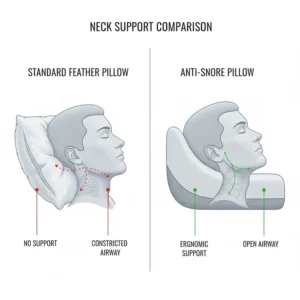 A comparison graphic showing the difference in neck support and airway restriction between a standard feather pillow and a shaped anti snore pillow.