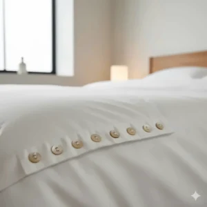 Detail shot of natural-looking button closures on the hem of a high-quality white super king duvet cover.