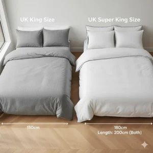 A size guide diagram comparing a standard UK king size bed to super king duvet covers with measurements in centimetres.