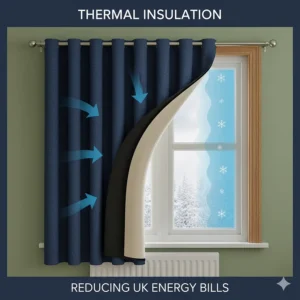 A cross-section illustration showing how thermal-lined blackout curtains help retain heat and reduce energy bills in a UK home during winter.
